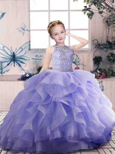 Lavender Evening Gowns Party and Sweet 16 and Wedding Party with Beading and Ruffles Scoop Sleeveless Zipper