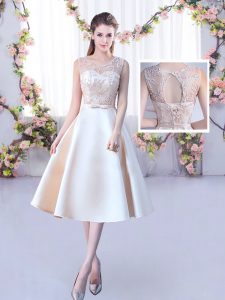 Tea Length Champagne Quinceanera Dama Dress Satin Sleeveless Lace and Belt