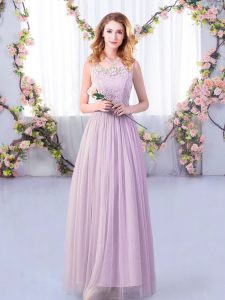 Lavender Sleeveless Lace and Belt Floor Length Damas Dress