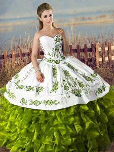 Adorable Sweetheart Sleeveless 15 Quinceanera Dress Floor Length Embroidery and Ruffles Olive Green Satin and Organza