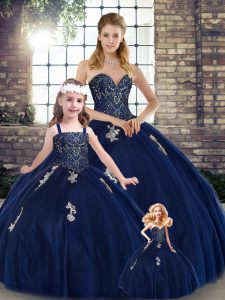 Fashion Navy Blue Sweetheart Lace Up Beading and Appliques Quinceanera Gowns Sleeveless