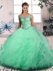 Charming Apple Green Sleeveless Floor Length Beading and Ruffles Lace Up 15th Birthday Dress