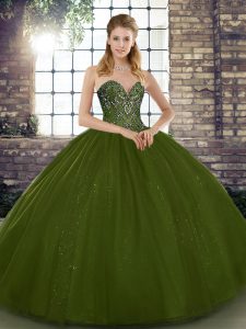 Olive Green Sleeveless Tulle Lace Up Quince Ball Gowns for Military Ball and Sweet 16 and Quinceanera