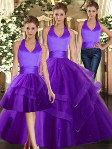 Purple Lace Up Halter Top Ruffles Quince Ball Gowns Tulle Sleeveless