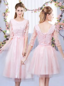 Fashion Baby Pink Tulle Lace Up Scoop Half Sleeves Tea Length Dama Dress for Quinceanera Lace and Belt