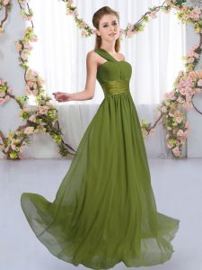 Affordable Chiffon One Shoulder Sleeveless Lace Up Ruching Quinceanera Court of Honor Dress in Olive Green