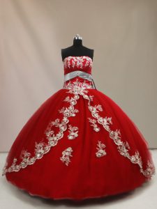 Top Selling Floor Length Red 15th Birthday Dress Tulle Sleeveless Appliques