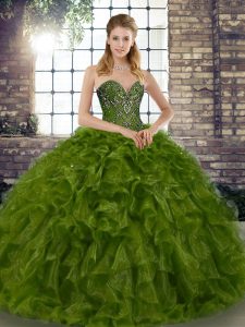 Floor Length Olive Green Quinceanera Gowns Organza Sleeveless Beading and Ruffles