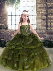 Graceful Tulle Straps Sleeveless Lace Up Beading and Ruffles Custom Made Pageant Dress in Olive Green