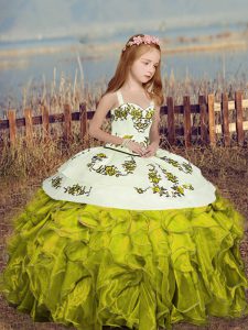 Customized Olive Green Sleeveless Floor Length Embroidery and Ruffles Lace Up Kids Pageant Dress