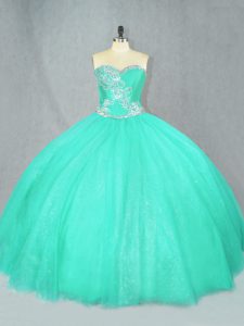 Free and Easy Turquoise Tulle Lace Up Sweetheart Sleeveless Floor Length Quinceanera Gowns Beading