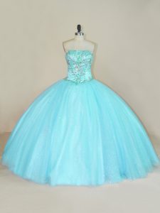 Aqua Blue Sleeveless Beading Floor Length 15th Birthday Dress