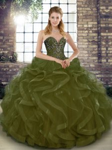 Amazing Olive Green Quince Ball Gowns Military Ball and Sweet 16 and Quinceanera with Beading and Ruffles Sweetheart Sleeveless Lace Up