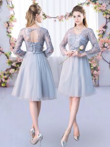 Perfect Grey Tulle Lace Up V-neck Long Sleeves Knee Length Vestidos de Damas Lace and Belt