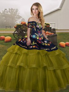 Glamorous Brush Train Ball Gowns 15 Quinceanera Dress Olive Green Off The Shoulder Tulle Sleeveless Lace Up