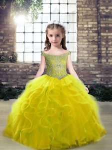 Hot Selling Olive Green Sleeveless Floor Length Beading and Ruffles Lace Up Little Girl Pageant Dress