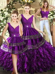 Sleeveless Backless Floor Length Beading and Embroidery and Ruffles Quinceanera Dress