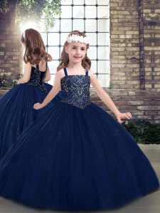 Glamorous Navy Blue Lace Up Little Girls Pageant Dress Wholesale Beading Sleeveless Floor Length
