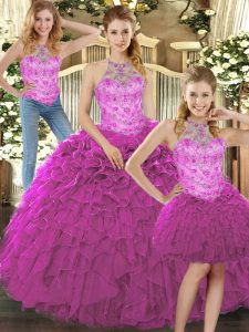 Halter Top Sleeveless Lace Up Quince Ball Gowns Fuchsia Organza