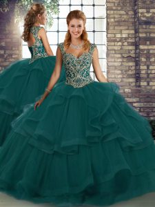 Peacock Green Lace Up Sweet 16 Quinceanera Dress Beading and Ruffles Sleeveless Floor Length