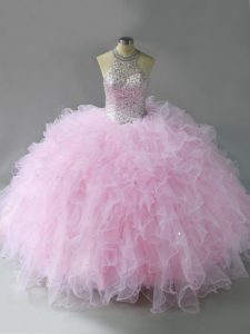 Pink Sleeveless Tulle Lace Up 15 Quinceanera Dress for Sweet 16 and Quinceanera