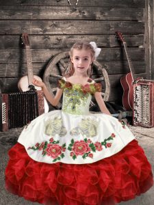 White And Red Off The Shoulder Neckline Beading and Embroidery and Ruffles Pageant Dresses Sleeveless Lace Up