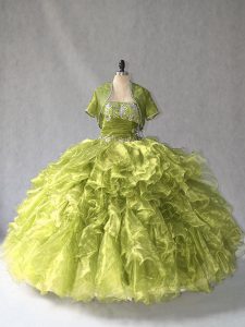 Simple Olive Green Lace Up Scoop Beading and Ruffles 15 Quinceanera Dress Organza Sleeveless