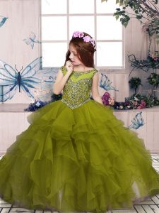 Stunning Sleeveless Floor Length Beading and Ruffles Lace Up Little Girls Pageant Gowns with Olive Green