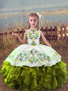 Floor Length Lace Up Pageant Gowns For Girls Olive Green for Wedding Party with Embroidery and Ruffles