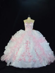 Inexpensive Pink And White Ball Gowns Sweetheart Sleeveless Organza Floor Length Lace Up Beading and Pick Ups Quinceanera Dresses