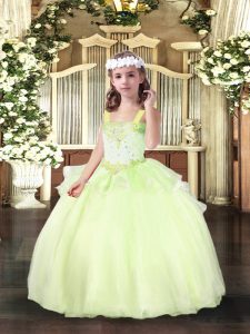 Adorable Sleeveless Floor Length Beading Lace Up Little Girl Pageant Gowns with Yellow Green
