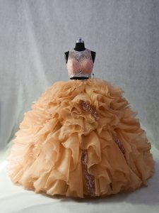 Champagne Organza Zipper Scoop Sleeveless Quinceanera Dresses Brush Train Beading and Ruffles and Sequins