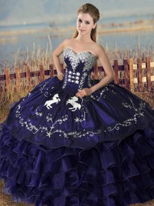 Clearance Purple Sleeveless Floor Length Embroidery and Ruffles Lace Up Quince Ball Gowns