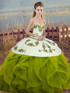 Pretty Olive Green Ball Gowns Embroidery and Ruffles and Bowknot Ball Gown Prom Dress Lace Up Tulle Sleeveless Floor Length