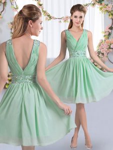 Apple Green V-neck Neckline Beading Court Dresses for Sweet 16 Sleeveless Zipper