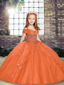 Sleeveless Floor Length Beading Lace Up Little Girls Pageant Gowns with Orange