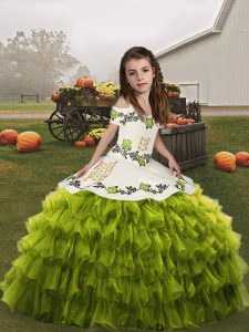 Sleeveless Organza Floor Length Lace Up Pageant Gowns For Girls in Olive Green with Ruffled Layers