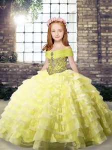 Flirting Yellow Ball Gowns Beading and Ruffled Layers Child Pageant Dress Lace Up Organza Sleeveless
