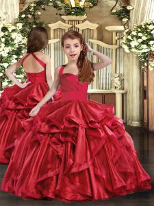 Red Lace Up Little Girls Pageant Dress Wholesale Ruffles Sleeveless Floor Length