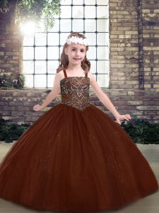 Wonderful Ball Gowns Girls Pageant Dresses Brown Straps Tulle Sleeveless Floor Length Lace Up