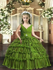 Best V-neck Sleeveless Backless Kids Pageant Dress Olive Green