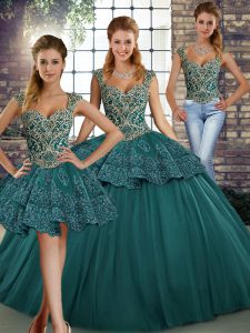 Flare Floor Length Green Quinceanera Gowns Straps Sleeveless Lace Up