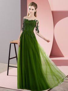 Olive Green Quinceanera Dama Dress Wedding Party with Beading and Lace Bateau Half Sleeves Lace Up
