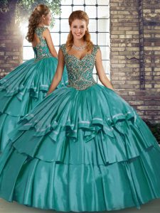Dramatic Taffeta Straps Sleeveless Lace Up Beading and Ruffled Layers Quinceanera Dress in Teal