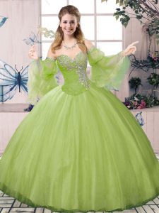 New Style Olive Green Ball Gowns Sweetheart Long Sleeves Tulle Floor Length Lace Up Beading Quinceanera Dress