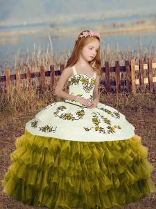 New Style Olive Green Sleeveless Embroidery and Ruffles Floor Length Little Girl Pageant Dress