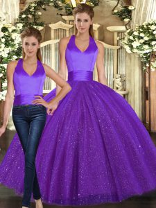 Excellent Purple Halter Top Neckline Ruching Quince Ball Gowns Sleeveless Lace Up