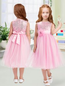 Deluxe Tea Length Zipper Little Girls Pageant Dress Rose Pink for Wedding Party with Sequins and Hand Made Flower