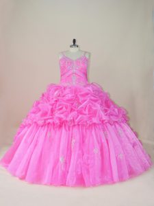 Straps Sleeveless Organza and Taffeta Quinceanera Gown Beading and Appliques and Pick Ups Brush Train Lace Up