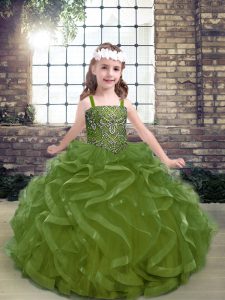 Fashionable Olive Green Lace Up Pageant Dress for Teens Beading and Ruffles Sleeveless Floor Length